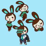 1:1 2026 accessory animal_crossing anthro blue_background bottomwear carmen_(animal_crossing) cheek_spots clothed clothing crossed_arms crossed_legs denim denim_bottomwear denim_clothing dress ear_piercing ear_ring eyelashes eyeshadow female gingham grin hair hair_over_eye half-closed_eyes hi_res highlights_(coloring) jacket jacket_on_shoulders jeans lagomorph leather leather_clothing leather_jacket leather_topwear leporid lesbian_pride_colors lgbt_pride lipstick makeup mammal multiple_poses narrowed_eyes necktie nintendo pants pattern_clothing pattern_dress piercing pose pride_colors rabbit ring_piercing shirt simple_background sitting smile smirk solo teeth tooth_gap topwear torn_bottomwear torn_clothing torn_jeans torn_pants vitreousglassy white_clothing white_dress_shirt white_shirt white_topwear