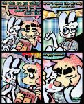 4_panel_comic aloha_shirt anthro bingus_(rawdawgcomics) bird_dog bow_tie canid canine canis cheek_spots cheek_tuft cheez-its clothing comic dialogue domestic_dog duo english_text facial_tuft floppy_ears fur golden_retriever half-closed_eyes hi_res hunting_dog kissing lagomorph leporid male mammal narrowed_eyes overalls pattern_clothing pattern_shirt pattern_topwear rabbit rawdawgcomics retriever shirt smile speech_bubble stahli_(rawdawgcomics) teeth text tooth_gap topwear tuft white_body white_fur wide_eyed yellow_body yellow_fur