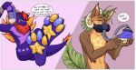 4_toes absurd_res anthro bodily_fluids bovid_horn brown_body brown_fur caprine_horn claws clothing dialogue dragon duo elemental_creature english_text feet flora_fauna foot_fetish foot_focus footwear fur furred_dragon furred_kobold furred_scalie grass_hair hi_res holding_clothing holding_footwear holding_object holding_shoes horn hybrid kalei_(hydro19) kobold leaf leaf_tail male markings mask multicolored_pawpads musk mythological_creature mythological_scalie mythology pawpads plant purple_body purple_fur question ram_horn scalie shoe_sniffing shoes sneaker_fetish sniffing sniffing_clothes star_(marking) sweat sweaty_feet tail text toe_claws toes unknown_artist wearing_mask
