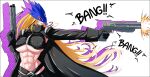  1girl abs absurdres beelstarmon belt black_belt black_coat black_gloves black_pants black_vest blonde_hair blue_mask breasts coat commentary cowboy_shot cropped_vest digimon digimon_(creature) drop_shadow dual_wielding echronic20 eye_mask fang finger_on_trigger firing gloves groin gun handgun highres holding holding_gun holding_weapon large_breasts leather leather_pants lipstick long_hair looking_to_the_side makeup mask mixed-language_commentary multiple-barrel_gun navel open_clothes open_coat pants parted_lips profile purple_eyes purple_lips sidelocks smile solo sound_effects standing stomach third_eye tight_clothes tight_pants underboob vest weapon zipper 