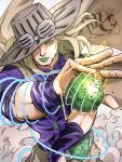  1boy absurdres aruke_(gter7727) ball beard belt blonde_hair bridal_gauntlets commentary cowboy_hat dust_cloud facial_hair goggles goggles_on_headwear green_eyes green_lips grey_belt grey_hat gyro_zeppeli hat highres horse jojo_no_kimyou_na_bouken lipstick long_hair looking_at_viewer makeup male_focus muscular muscular_male one_eye_covered pixiv_username purple_bridal_gauntlets shirt solo steel_ball_(jojo) steel_ball_run translated valkyrie_(jojo) 