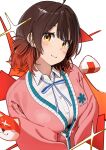  1girl ahoge blue_ribbon blush breasts brown_eyes brown_hair cardigan closed_mouth collared_shirt food gakuen_idolmaster gradient_hair hair_rings hanami_ume highres idolmaster large_breasts long_sleeves looking_at_viewer medium_hair multicolored_hair neck_ribbon noeru onigiri pink_cardigan ribbon shirt simple_background single_hair_ring smile solo white_background white_shirt 