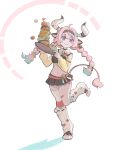  1girl ahoge animal_ears ankle_socks aqua_hair aqua_hairband bandaid bandaid_on_face bell_ear_ornament belt black_hairband black_shoes blush braid braided_twintails breasts brown_shirt brown_skirt closed_mouth commentary_request cow_ears cow_girl cow_horns cow_tail crop_top detached_sleeves food full_body genshin_impact hair_between_eyes hair_intakes hair_ornament hairband hands_up highres holding holding_food holding_tray horns lanhoutao leg_up long_hair long_sleeves looking_at_viewer medium_breasts microskirt multicolored_hairband multicolored_shoes navel pink_belt pink_hair pink_hairband pink_shoes pinstripe_socks pleated_skirt purple_eyes shirt shoes single_thighhigh skirt smile socks solo split_mouth standing standing_on_one_leg stomach sweater_sleeves tail thighhighs tray two-tone_shirt varesa_(genshin_impact) white_background white_shoes white_socks white_thighhighs x_hair_ornament yellow_shirt yellow_sleeves 