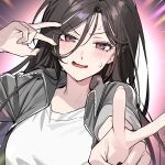  1girl breasts grey_eyes grey_jacket han_yoil highres jacket large_breasts long_hair looking_at_viewer shirt smile solo song_geukjang today's_han_yoil_is_a_woman upper_body v white_shirt 