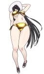  1girl arm_at_side arm_up bare_arms bare_hips bare_legs bikini black_hair blush breasts closed_mouth commentary front-tie_bikini_top front-tie_top full_body gold_bikini golden_week groin hair_over_one_eye hand_on_own_hat hasshaku-sama hat highres japanese_urban_legends kazkitashima large_breasts long_bangs long_hair looking_at_viewer looking_down morimorimoriwo navel pink_shoes shiny_skin shoes side-tie_bikini_bottom simple_background sneakers solo stomach sun_hat swimsuit thighs underboob very_long_hair white_background white_hat 