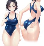 1girl absurdres adjusting_clothes adjusting_swimsuit arm_at_side ass back bangs bare_arms bare_legs black_hair blue_swimsuit breasts cleavage clenched_hand collarbone commission competition_swimsuit grey_eyes hair_between_eyes highres large_breasts looking_at_viewer multiple_views nekomitei one-piece_swimsuit original parted_bangs shoulder_blades simple_background smile standing swimsuit thighs wet white_background 