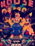  2boys 2girls ahoge black_pants blue_hair blue_jacket commentary english_text fashion full_body gas_mask goggles grin hat highres hood hoodie horns jacket long_sleeves looking_at_viewer mago_oowarawa mask multicolored_hair multiple_boys multiple_girls neon_lights neon_sign original pants sharp_teeth shirt shoes short_hair shorts sitting smile sneakers socks teeth v white_hair 