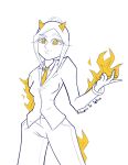  business_suit clothed clothing demon female fire formal_wear hair hi_res horizontal_pupils humanoid necktie ponytail princess_in_yellow pupils solo suit 