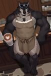 2026 anthro apron apron_only barefoot beverage biceps black_body black_fur blue_eyes bulge canid canine canis claws clothing coffee coffee_cup container cup detailed_bulge digital_media_(artwork) eyewear eyewear_on_head feet full-length_portrait fur genital_outline glasses glasses_on_head heart_symbol hi_res inside looking_at_viewer male mammal muscular muscular_anthro muscular_male paws penis_outline pointy_ears portrait prick_ears radcanine solo sunglasses tail toe_claws white_body white_fur wolf