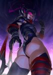  1girl absurdres armor ass black_gloves bodysuit colored_sclera gloves glowing glowing_eyes han_juri head_spikes helmet highres huge_ass leotard malice_(sue_storm) maniwarren marvel marvel_rivals multicolored_bodysuit multicolored_helmet pauldrons shoulder_armor shoulder_spikes smile solo spiked_armor spiked_helmet spiked_pauldrons spikes street_fighter street_fighter_6 sue_storm thong thong_leotard two-tone_bodysuit 