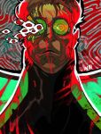  1boy abstract_background artist_name black_mouth blonde_hair blood blood_splatter broken_eyewear commentary crazy_eyes cyberpunk:_edgerunners cyberpunk_(series) extra_eyes eyebrow_cut facial_hair facial_mark forehead green-tinted_eyewear highres looking_at_viewer n_t_h1 nosebleed notched_ear parted_lips popped_collar portrait red_eyes rimless_eyewear short_hair skin_seams solo tinted_eyewear weak_kingsley wide-eyed 