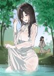  1girl 1other artist_request bad_source breasts copyright_notice dress genderswap grass grey_eyes hair_between_eyes hair_bun han_yoil highres korean_clothes leaf long_hair medium_breasts no_bra no_panties outdoors see-through_clothes see-through_dress solo_focus song_geukjang today's_han_yoil_is_a_woman tree wet 