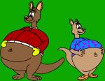 2026 anthro belly big_belly blue_clothing blue_shirt blue_topwear brown_body brown_fur clothing crikey_(the_loud_house) duo fur gloves grovergrizzly handwear jacket kangaroo looking_at_belly looking_down macropod male mammal marsupial navel nickelodeon pear-shaped_figure pouch_(anatomy) red_clothing red_jacket red_kangaroo red_topwear rocko's_modern_life rocko_rama shirt the_loud_house topwear wallaby wide_hips yellow_clothing yellow_gloves yellow_handwear