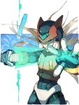  1boy absurdres armor blonde_hair commentary_request cowboy_shot energy_sword floating_hair forehead_jewel helmet highres holding holding_sword holding_weapon long_hair male_focus mega_man_(series) mega_man_zero_(series) omochi_(mochi_skymega) red_armor red_helmet solo sword weapon z_saber zero(z)_(mega_man) zero_(mega_man) 