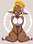  1girl alternate_breast_size_(larger) alternate_costume arms_between_legs blonde_hair breasts collarbone colored_tongue commentary_request cross-shaped_pupils dark-skinned_female dark_skin ear_piercing fangs frye_(splatoon) gradient_hair grey_background hair_ornament handsfree_breast_squeeze highres inkling large_breasts long_pointy_ears looking_to_the_side multicolored_hair multiple_piercings navel open_clothes orange_pupils panties piercing pointy_ears purple_hair purple_tongue sequential_piercings short_eyebrows sitting solo splatoon_(series) sports_bra star_(symbol) stirrup_footwear symbol-shaped_pupils t2ukmyjm tentacle_hair toes underwear wariza white_panties white_sports_bra x_hair_ornament yellow_eyes 