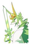  :< animal_focus animalization clothed_pokemon crown gold_crown green_fur grey_eyes highres looking_at_viewer mieaowu n_(pokemon) no_humans plant pokemon pokemon_(creature) robe serperior simple_background snake solo sword upper_body vines weapon white_background white_robe 