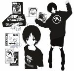  1girl album_cover aphex_twin beetle black_eyes black_hair breaking_bad bug cassette_tape cd_case cover dog highres hood hoodie hungry_hungry_hippos luckyboysquad shirt skirt t-shirt white_background 
