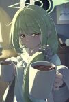  1girl absurdres blue_archive blue_nightgown blue_pajamas closed_mouth commentary cup desk_lamp drink green_hair green_halo grey_scrunchie grey_shawl grid_shawl hair_ornament hair_scrunchie halo highres holding holding_cup indoors lamp lampshade long_hair looking_at_viewer low_side_ponytail mug nightgown nozomi_(blue_archive) nozomi_(kujibikido)_(blue_archive) official_alternate_costume pajamas pointy_ears ponytail_over_shoulder portrait_(object) scrunchie shawl shizuki_eri side_ponytail smile solo upper_body yellow_eyes 