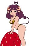  1girl ahoge belly bikini breasts cleavage curled_horns curly_hair demilypyro demon_girl demon_horns demon_tail fang feet_out_of_frame fluffy fluffy_hair food fruit gold_bikini golden_week highres horns indie_virtual_youtuber leaning leaning_forward leaning_on_object long_hair looking_at_viewer looking_to_the_side mole mole_on_cheek mole_under_eye pointy_ears purple_eyes purple_hair purple_tail sheep_horns shiny_swimsuit sidelocks simple_background solo strawberry swimsuit swuswi tail virtual_youtuber white_background 