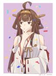  1girl ahoge border brown_hair closed_mouth confetti dated detached_sleeves double_bun hand_on_own_chin headgear ichiroku_(sakumogu-029) kantai_collection kongou_(kancolle) long_hair nontraditional_miko raised_eyebrow ribbon-trimmed_sleeves ribbon_trim signature simple_background solo stroking_own_chin thinking upper_body very_long_hair wide_sleeves 