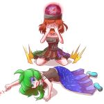  2girls black_shirt blood blood_from_mouth blood_writing blue_skirt blue_socks borrowed_clothes clothes_writing collarbone commentary_request covering_own_eyes green_eyes green_hair green_skirt hair_ornament hair_tubes hecatia_lapislazuli highres kneeling kochiya_sanae legacy_of_lunatic_kingdom long_hair lying multicolored_skirt multiple_girls on_side peroponesosu. planet_hair_ornament purple_skirt red_hair red_skirt shirt single_hair_tube skirt sleeveless sleeveless_shirt socks touhou white_background 