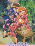  1990s_(style) 2girls absurdres animal_print bamboo bangs bench blue_eyes brown_hair bunny_print character_print eyebrows_visible_through_hair fireworks floral_print hand_fan haneoka_meimi highres holding holding_fan japanese_clothes kaitou_saint_tail kimono long_hair long_sleeves mimori_seira multiple_girls non-web_source official_art on_bench open_mouth orange_hair outdoors purple_eyes retro_artstyle ruby_(kaitou_saint_tail) saint_tail sandals scan short_hair sitting smile 