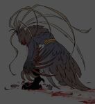  1boy all_fours bleeding blood blood_on_clothes feathers from_behind grey_background kenkon_no_washi male_focus monster_boy sash solo standing suzumori_521 talons winged_arms wings 