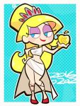  1girl 2016 apple blonde_hair blue_eyes blush border crown eris_(grim_adventures) eyeshadow food fruit golden_apple hakurinn0215 high_heels makeup midriff_peek polka_dot polka_dot_background purple_eyeshadow red_shoes shoes skirt solo the_grim_adventures_of_billy_&amp;_mandy toon_(style) white_border white_skirt 