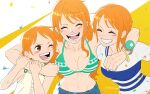  3girls absurdres aged_down arm_around_neck bangle bare_shoulders bikini bikini_top_only blush bracelet breasts cleavage collarbone commentary confetti denim dress green_bikini grin groin happy highres iamosix2 jeans jewelry large_breasts log_pose long_hair looking_at_another multiple_girls multiple_persona nami_(one_piece) navel one_eye_closed one_piece open_mouth orange_hair pants shirt short_hair single_sidelock smile stomach swimsuit upper_body wavy_hair white_shirt 