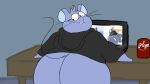 16:9 2026 2d_animation 4k absurd_res animated animated_gif anthro beverage_can big_butt black_clothing black_hoodie black_topwear blue_body blue_fur blue_inner_ear blue_nose bottomless buckteeth butt butt_focus chonkymouse clothed clothing colored computer desk digital_media_(artwork) dr_pepper electronics english_description english_text fur furniture head_tuft hi_res hoodie juju_(chonkymouse) laptop leaning_on_table line_tail looking_at_butt looking_back loop male mammal mouse murid murine overweight overweight_male presenting presenting_hindquarters rodent shaking_butt short_playtime shy simple_background solo table tail teeth text thick_thighs thin_tail topwear topwear_only tuft twerking wide_hips widescreen