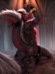  2022 anthro balls digital_media_(artwork) dragon genitals hair horn kneeling male miosha nude solo white_hair wingless_dragon 