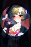 1girl absurdres aiming aiming_at_viewer black_coat black_hair chavi closed_mouth coat feather_dress feather_hair_ornament feathers gun hair_ornament handgun highres holding holding_gun holding_weapon jewelry looking_at_viewer necklace red_background red_eyes red_feathers reverse:1999 schneider_(reverse:1999) short_hair smile solo spotlight upper_body weapon 