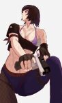  1girl absurdres belt black_gloves black_hair black_panties black_shirt blue_pants bra breasts brown_belt cleavage crop_top cropped_shirt fingerless_gloves fishnet_pantyhose fishnets gloves gun handgun highres holding holding_gun holding_weapon large_breasts looking_to_the_side meibin money nail_polish open_mouth original panties pants pantyhose purple_bra purple_nails red_eyes scar scar_on_arm scar_on_shoulder shirt short_hair solo thigh_strap tucked_money underwear weapon 