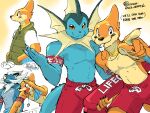  3boys abs armband artist_name bara buizel claws closed_eyes closed_mouth english_commentary fins fish_tail from_side furrification furry furry_male green_vest hands_in_pockets lifeguard looking_at_viewer male_focus multiple_boys multiple_views muscular muscular_male navel only_jerry open_mouth patreon_username pectorals pointing pointing_at_viewer pokemon pokemon_(creature) profile red_armband red_shorts samurott shirt shorts smile speech_bubble spoken_animal tail topless_male vaporeon vest whistle whistle_around_neck whistle_in_mouth white_shirt 