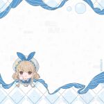  1girl argyle_border artist_name back_bow beret blonde_hair blue_border blue_bow blue_dress blue_shoes blue_sleeves border bow brown_eyes bubble bubble_print bubbly_voyage_(infinity_nikki) chibi chinese_commentary closed_mouth collared_dress commentary_request detached_sleeves dress eyelashes eyes_visible_through_hair frilled_dress frills hair_ornament hair_rings hairclip hand_on_own_cheek hand_on_own_face hat hat_bow hat_ornament highres infinity_nikki light_blush long_sidelocks looking_ahead nikki_(series) print_dress rabbit_hair_ornament sample_watermark shoes short_dress short_hair_with_long_locks short_sleeves sidelocks smile solo standing star_(symbol) star_hat_ornament strapless strapless_dress striped_bow tareme watermark watermark_grid white_background white_hat yonghutylm 