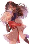  2girls backpack bag black_socks blonde_hair blue_dress blush brown_hair chisato_carrying_takina_(lycoris_recoil) closed_mouth commentary_request dress eye_contact hand_on_another's_shoulder highres inoue_takina long_hair looking_at_another lycoris_recoil lycoris_uniform multiple_girls nishikigi_chisato open_mouth profile purple_eyes red_dress red_eyes short_hair simple_background smile socks watermark white_background yuri zaramekypp 