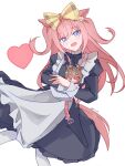  1girl :d agnes_digital_(umamusume) agnes_tachyon_(tach-nology)_(umamusume) agnes_tachyon_(umamusume) ahoge animal_ears apron armband belt black_bow blue_eyes blush bow brown_hair commentary_request ear_ornament hair_bow hair_ornament heart high_collar highres holding holding_stuffed_toy horse_ears horse_girl horse_tail kuro_sato lab_coat long_hair long_sleeves looking_at_viewer maid maid_apron pantyhose pink_belt pink_hair red_armband short_twintails signature sleeves_past_fingers sleeves_past_wrists smile solo solo_focus stuffed_toy tail twintails twitter_username umamusume white_background white_pantyhose yellow_bow 