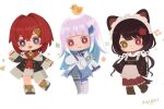  3girls :d ange_katrina ange_katrina_(1st_costume) animal_ears animal_hair_ornament animal_on_head apron armband bad_source bird bird_on_head black_coat blue_armband blue_eyes blue_hair blue_thighhighs blunt_bangs blush boots bright_pupils brown_apron brown_boots brown_hair brown_kimono brown_sash brown_tail cardigan chibi chibi_only clawed_boots closed_mouth coat colored_inner_hair crossed_bangs dog_ears dog_girl dog_tail dress flower frilled_apron frills grey_skirt group_name group_picture hair_flower hair_intakes hair_ornament hand_on_own_chest hand_up heterochromia image_sample inui_toko inui_toko_(1st_costume) jacket japanese_clothes kimono knee_boots layered_skirt lize_helesta lize_helesta_(1st_costume) long_hair long_skirt looking_at_viewer low_twintails maid_headdress marunoki medium_hair miniskirt monocle multicolored_hair multiple_girls nijisanji obi obiage obijime off_shoulder on_head open_mouth pixiv_sample purple_hair red_cardigan red_eyes red_flower red_hair red_skirt sanbaka_(nijisanji) sash sebastian_piyodore short_dress simple_background skirt sleeves_past_wrists smile standing tail thighhighs triangle_hair_ornament twintails two-tone_hair virtual_youtuber waist_apron white_background white_boots white_dress white_headdress white_jacket white_pupils white_skirt yellow_bird yellow_eyes 