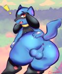  absurd_res anthro anus balls big_butt blue_body butt genitals hand_on_butt hi_res looking_at_viewer lucidkitty male nintendo open_mouth pok&eacute;mon pok&eacute;mon_(species) rear_view riolu solo video_games 