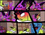 absurd_res ambiguous_gender asterisk_(symbol) blood blurred_background blurred_character blush blush_lines bodily_fluids book charmander comic comic_panel depth_of_field desk ears_up eeveelution english_text espeon exclamation_point female floating_heart focused forehead_gem furniture gem generation_1_pokemon generation_2_pokemon generation_4_pokemon generation_5_pokemon glaceon group heart_symbol hi_res jolteon joltik kissy_lips lenny_face levitation looking_at_butt male meme nervous nervous_sweat nintendo nosebleed nosebleed_blush paper paper_stack pokemon pokemon_(species) question_mark raised_tail reading reading_book shocked squinted_eyes surprised sweat sweatdrop table tail telepathy text torn_page umbreon wide_eyed witseoc wobbuffet