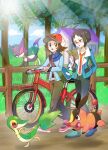  2boys baseball_cap belt_buckle bicycle black_hair black_pants blue_jacket blue_shoes brown_eyes brown_hair buckle cheren_(pokemon) commentary_request fence glasses grass hat hilbert_(pokemon) holding holding_paper house jacket multiple_boys pants paper pokemon pokemon_black_and_white pokepokekonpeki purrloin red_lining red_shoes shirt shoes short_hair snivy sunlight tepig tight_clothes tight_pants tree white_shirt 