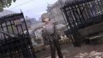  1girl absurdres brown_eyes commentary day dutch_angle grey_hair gun handgun highres holding holding_gun holding_weapon jacket looking_at_viewer open_clothes open_jacket original outdoors paindude short_hair solo tank_top untranslatable_commentary weapon white_tank_top 