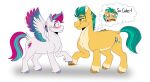  blush earth_pony equid equine hasbro hitch_trailblazer_(mlp) holding_hooves hooves horse mammal mlp_g5 multicolored_wings my_little_pony pegasus pony simple_background story story_in_description suautib thought_bubble turquoise_hair white_background wing_boner wings zipp_storm_(mlp) 