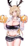  1girl alternate_costume animal_ears antlers arknights belt black_bra black_skirt blonde_hair blue_eyes bra breasts collared_shirt commentary_request cowboy_shot deer_antlers deer_ears deer_girl hair_between_eyes highres holding holding_pom_poms horns huge_breasts linea_alba long_hair looking_at_viewer metameta_gross microskirt midriff navel open_mouth pleated_skirt pom_pom_(cheerleading) shirt simple_background skirt solo tied_shirt twitter_username underwear viviana_(arknights) white_background white_belt white_shirt 