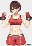  1girl abs artist_name bike_shorts bra breasts brown_hair cleavage cowboy_shot drawstring fingerless_gloves gloves groin gym_shorts highres masamune_oekaki medium_breasts navel original red_bra red_gloves red_shorts round_teeth short_hair shorts shorts_under_shorts smile solo sports_bra teeth twitter_username underwear upper_body 