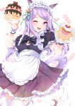  absurdres alternate_costume animal_ears blush cake cupcake food frills highres horse_ears horse_tail long_hair looking_at_viewer maid maid_headdress mejiro_mcqueen_(umamusume) one_eye_closed open_mouth origami_aya purple_eyes purple_hair simple_background tail thighhighs umamusume white_background white_legwear 