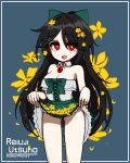  1girl adapted_costume bangs black_hair blue_background blush border bow breasts bright_pupils center_frills character_name cleavage clothes_lift collar commentary_request copyright_name detached_collar ellow_flower eyebrows_visible_through_hair eyes_visible_through_hair feet_out_of_frame flower frilled_skirt frills green_bow green_skirt hair_between_eyes hair_bow hair_flower hair_ornament highres korean_commentary lifted_by_self long_hair looking_at_viewer medium_breasts open_mouth pixel_art red_eyes reiuji_utsuho sechy simple_background skirt skirt_basket skirt_lift smile solo strapless third_eye touhou tube_top white_border white_collar white_pupils white_tube_top 