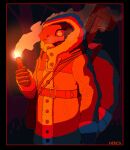 absurd_res anthro artist_name bag belt belt_buckle bone buckle button_(fastener) claws clothing coat female furgonomics gun hi_res holding_object holding_torch hood jaw jewelry knerbin looking_aside necklace night outside pendant plant ranged_weapon red_lighting reptile rope_necklace scales scalie smoke snake snake_eyes solo standing steam_breath tail tail_clothing teeth text topwear torch tree weapon