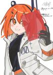  1girl a.i._voice absurdres adachi_rei black_shirt commentary_request gloves grey_gloves hand_up highres holding jacket long_sleeves looking_at_viewer medium_hair open_clothes open_jacket orange_eyes orange_hair shirt smile solo transparent upper_body utau white_jacket yuyu_no_suke 