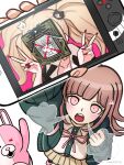  absurdres alternate_hair_ornament aruke_(gter7727) bag bear_hair_ornament big_hair black_eyes black_shirt breasts brown_hair brown_skirt collarbone commentary danganronpa:_trigger_happy_havoc danganronpa_(series) danganronpa_2:_goodbye_despair double_v enoshima_junko fingernails flipped_hair hair_ornament handheld_game_console heavy_breathing highres holding holding_handheld_game_console hope's_peak_academy_school_uniform jacket long_fingernails long_hair looking_at_viewer medium_hair monomi_(danganronpa) nail_polish nanami_chiaki neck_ribbon open_clothes open_jacket open_mouth pink_bag pink_eyes pink_ribbon pink_shoes pixiv_username pleated_skirt portrait_(object) red_eyes red_nails ribbon school_uniform shirt shoes skirt sleeves_rolled_up twintails two-tone_shirt v 